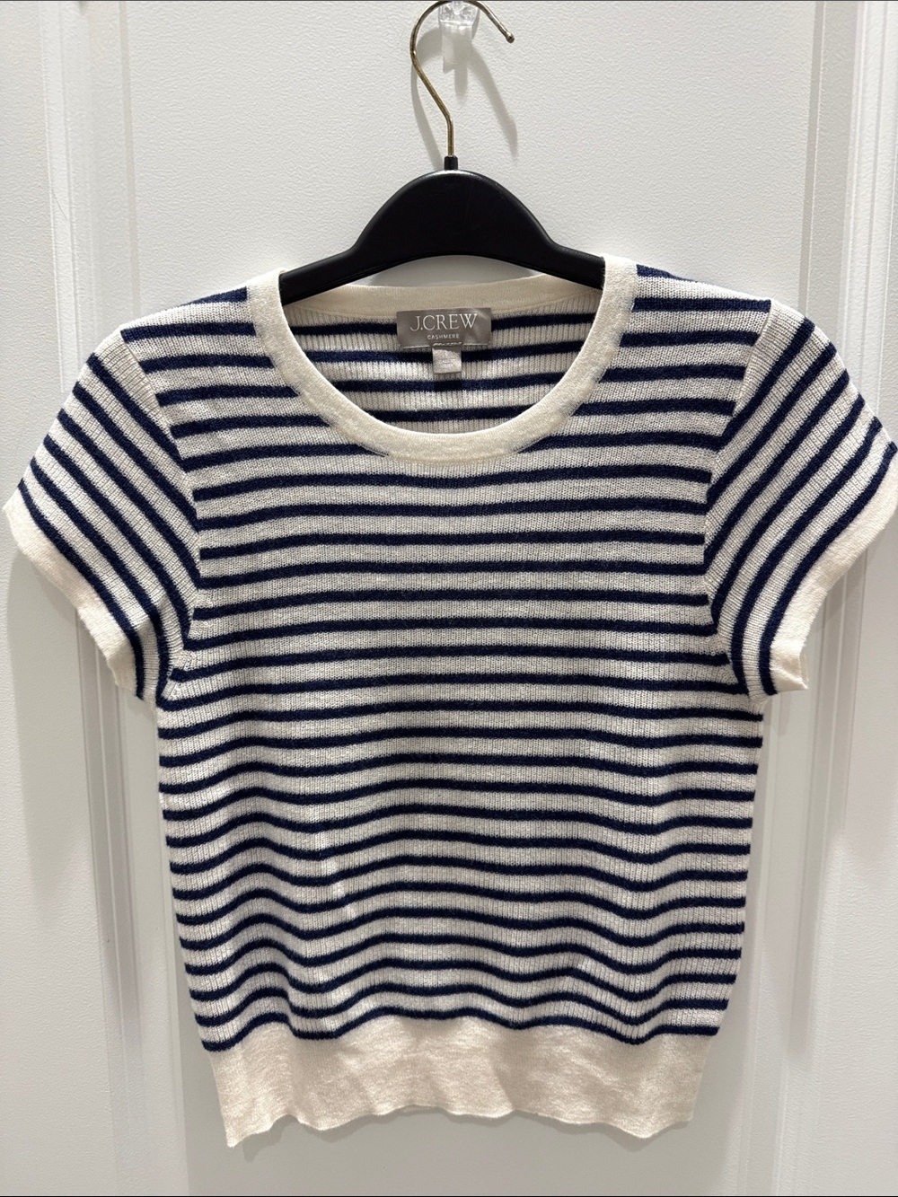 J. Crew Navy and White Striped Short-Sleeve Crewneck Cashmere Sweater Tee